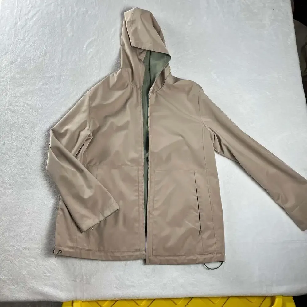 Reversible Hooded Rain Jacket Sage Green‎ Tan Minimalist Zip Windbreaker Women's